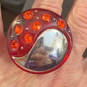 massive red silver tone  red crystal rhinestones huge domed ring 7.5 vintage